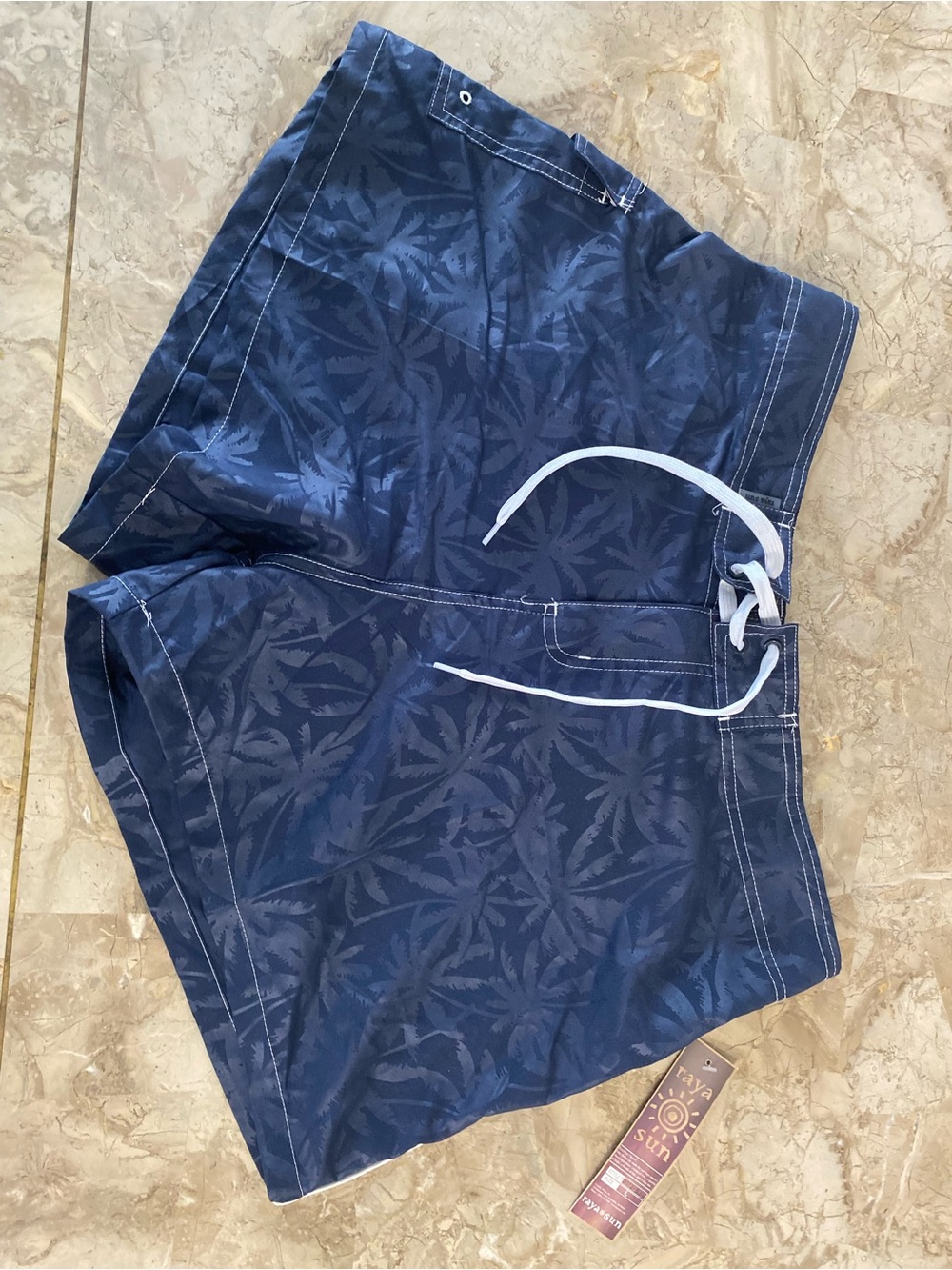 raya sun Navy Palm-Print Swim Hybrids with White Drawstring